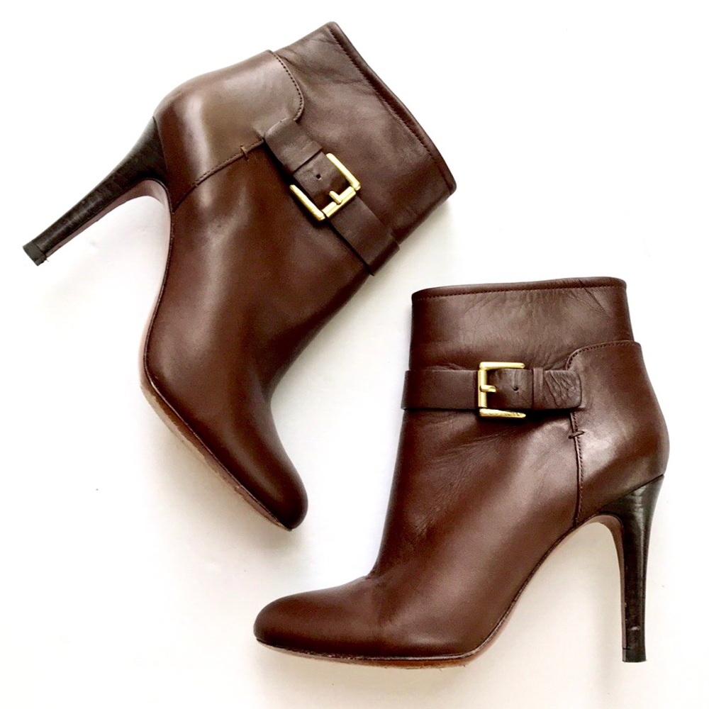 Coach Brown Leather Ankle Boots with Gold Buckle